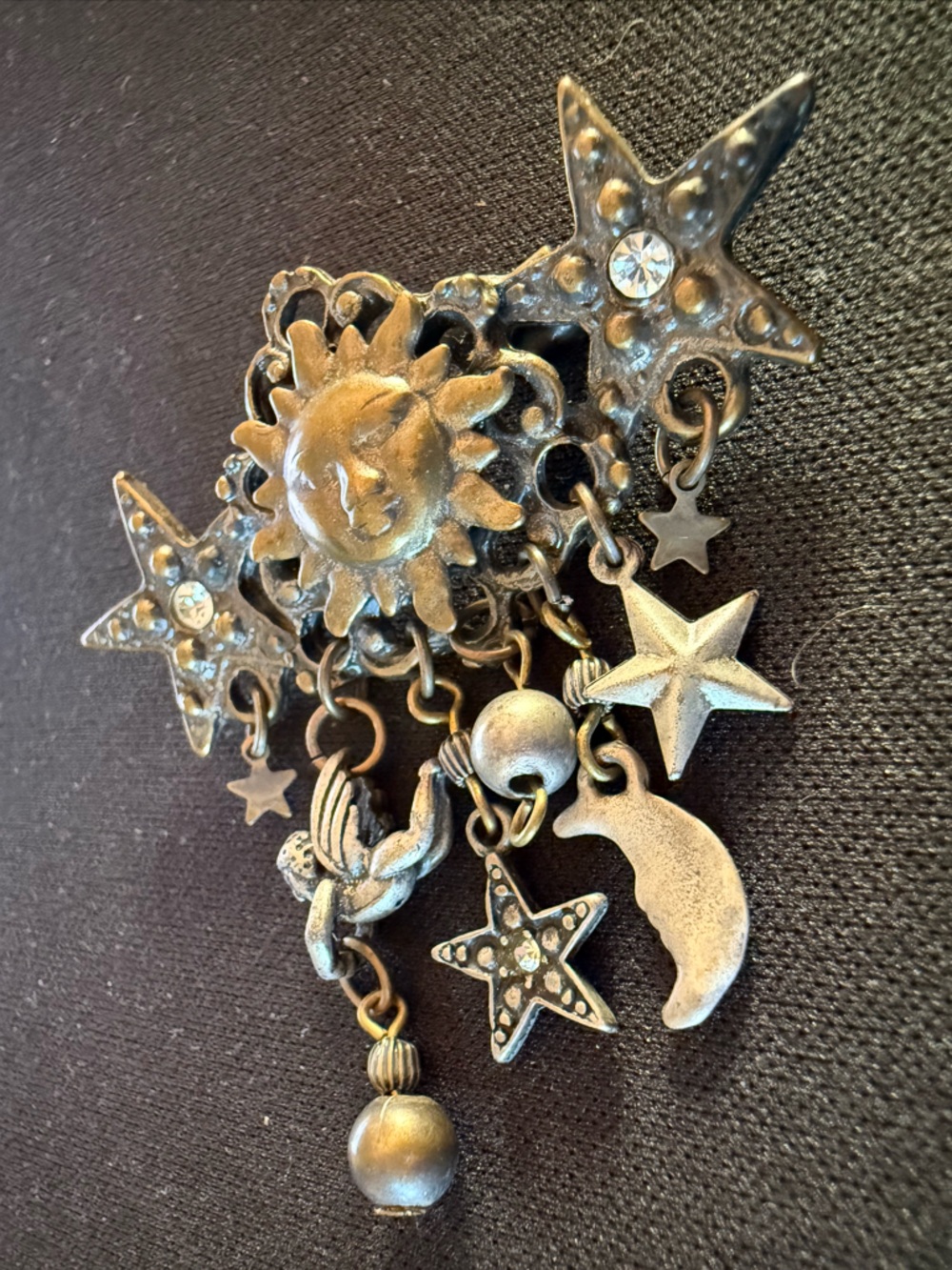 Vintage Sun & Stars Dangle Charm Brooch Pin Gold-Tone Sun Face articulated - Picture 3 of 10